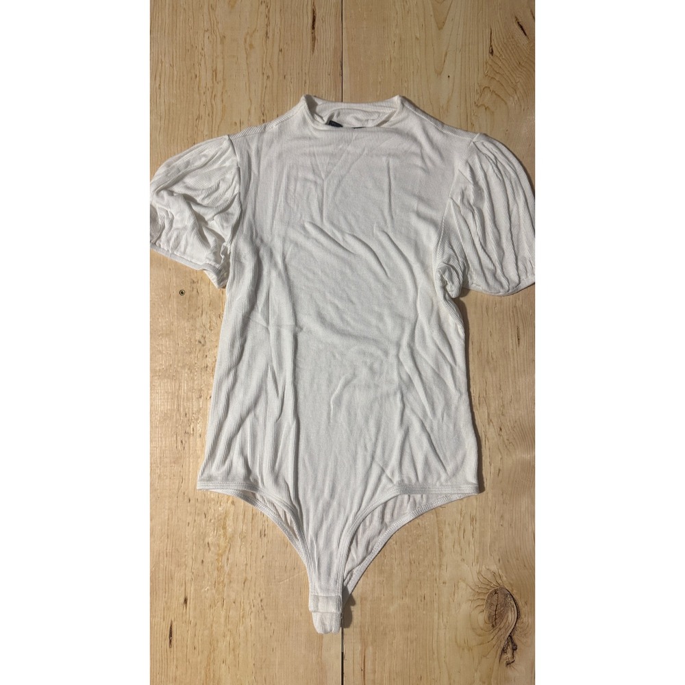 Saints 21 White Ribbed Mock Neck Puff Sleeve‎ Bodysuit Large Womens